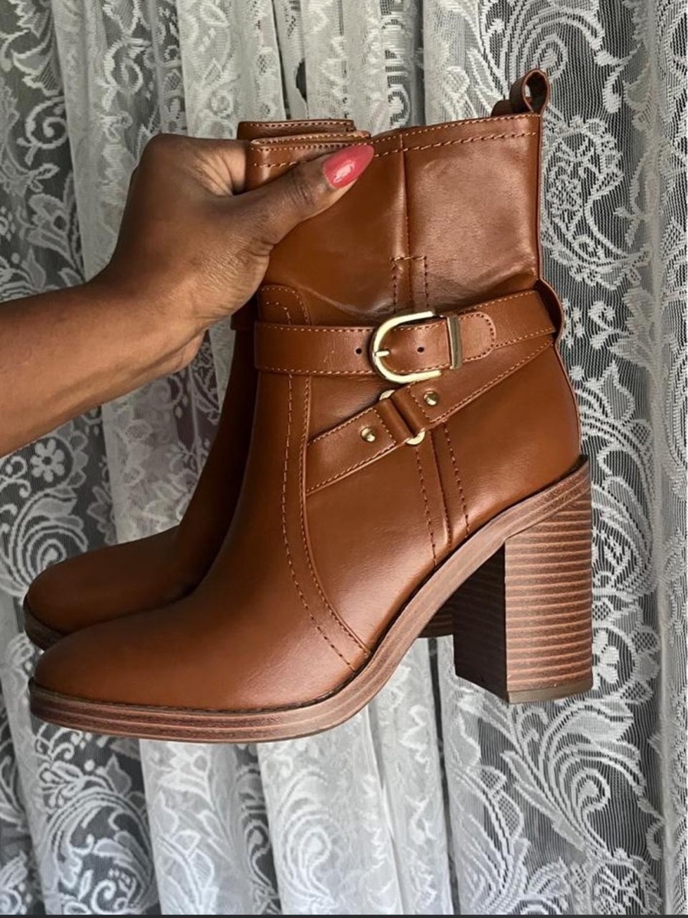 90’s Liz Claiborne Tan Leather Buckle Strap Block Heel Ankle Boots